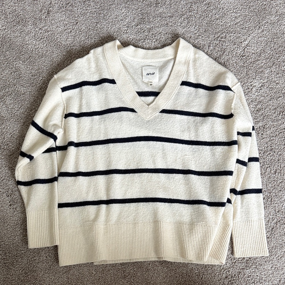 Aerie V-Neck Sweater in Cream and Navy Stripes